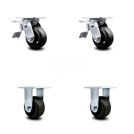 Service Caster 4 Inch Rubber on Steel Caster Set with Ball Bearings 2 Brakes 2 Rigid SCC SCC-TTL30S420-RSB-2-R-2